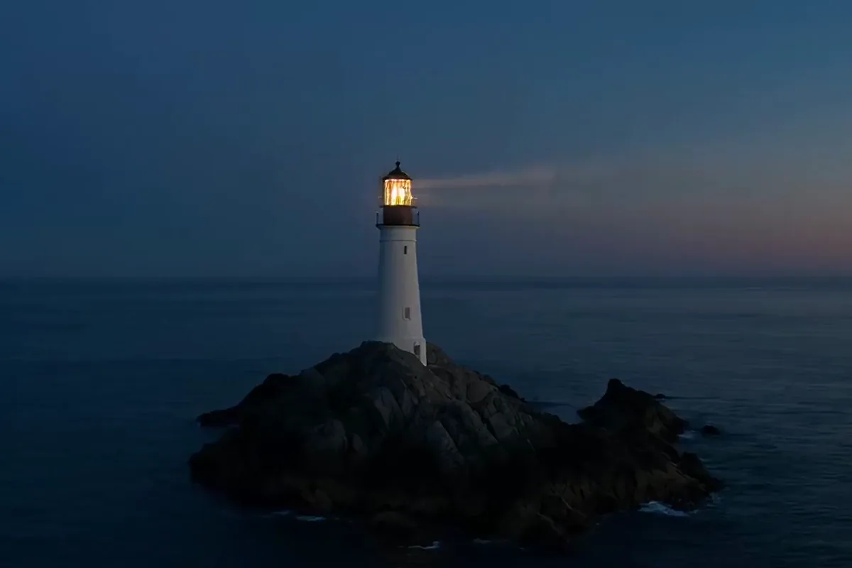 LTX-2 video of a lighthouse at dusk as its warm beam sweeps out over the sea