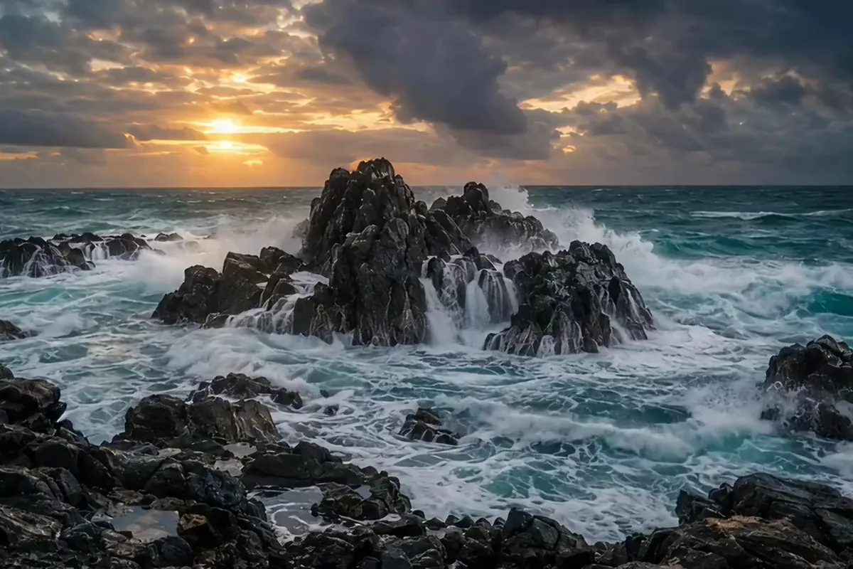 LTX-2 video of a wave exploding in white spray over dark rocks at sunset