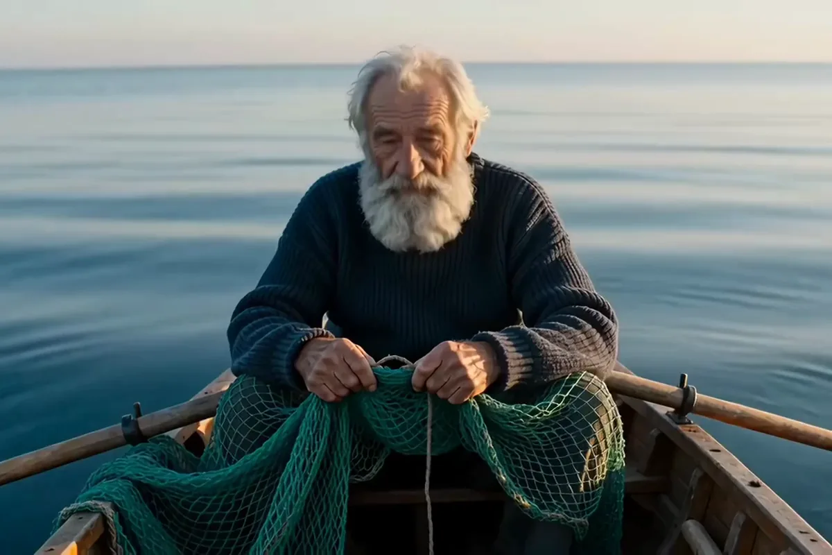 Dream Machine video of an old fisherman with a green net in a wooden boat, looking up and smiling
