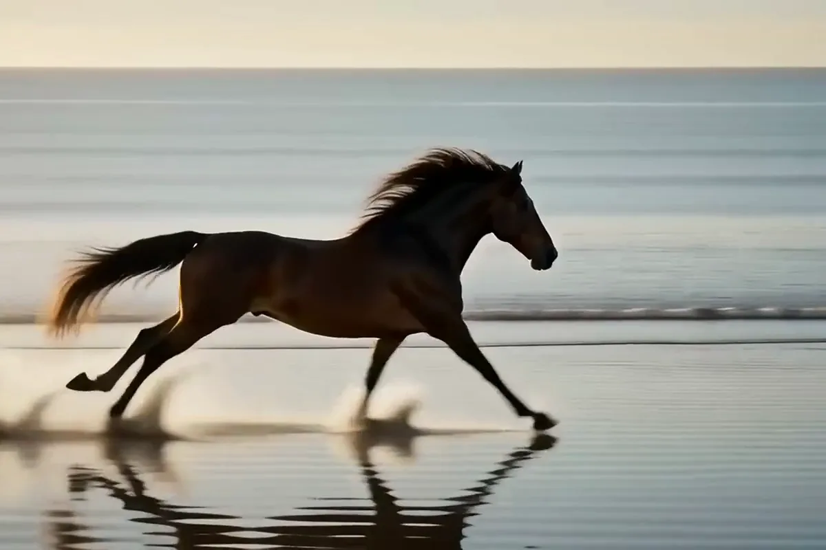 Luma AI video of a brown horse galloping along the shore at low tide as spray flies from its hooves