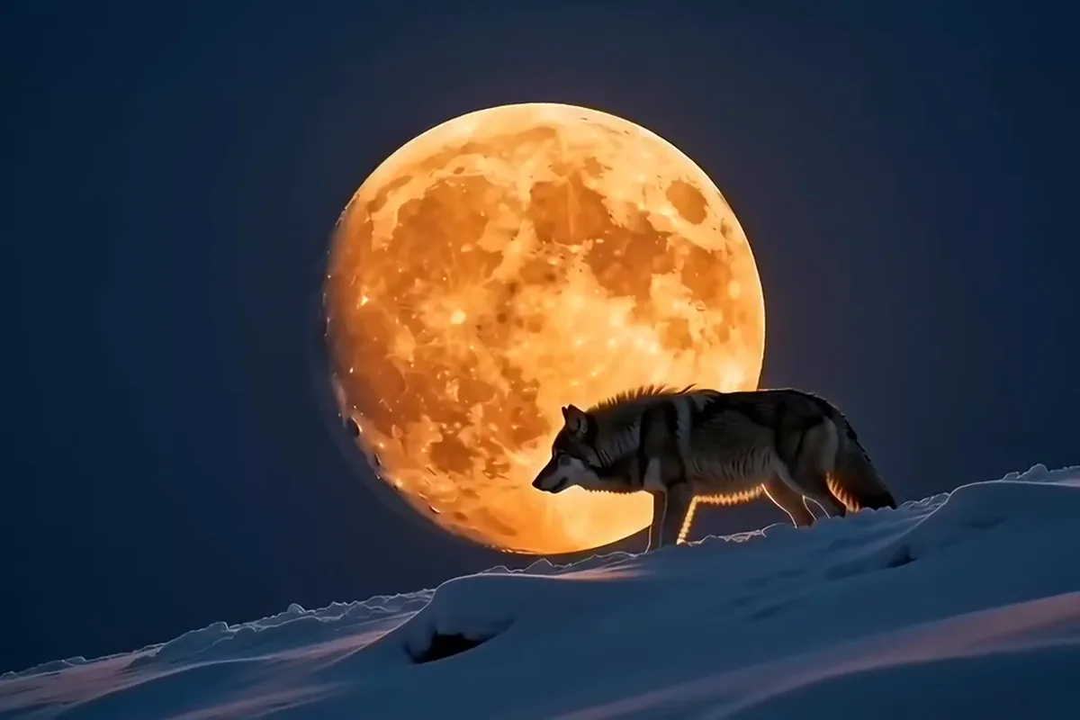 MiniMax H3 video of a grey wolf howling in front of a huge orange full moon on a snowy ridge