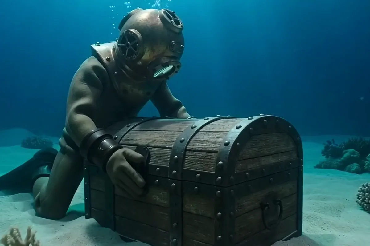 MiniMax H3 video of a deep sea diver in a brass helmet lifting the lid of a chest full of gold coins