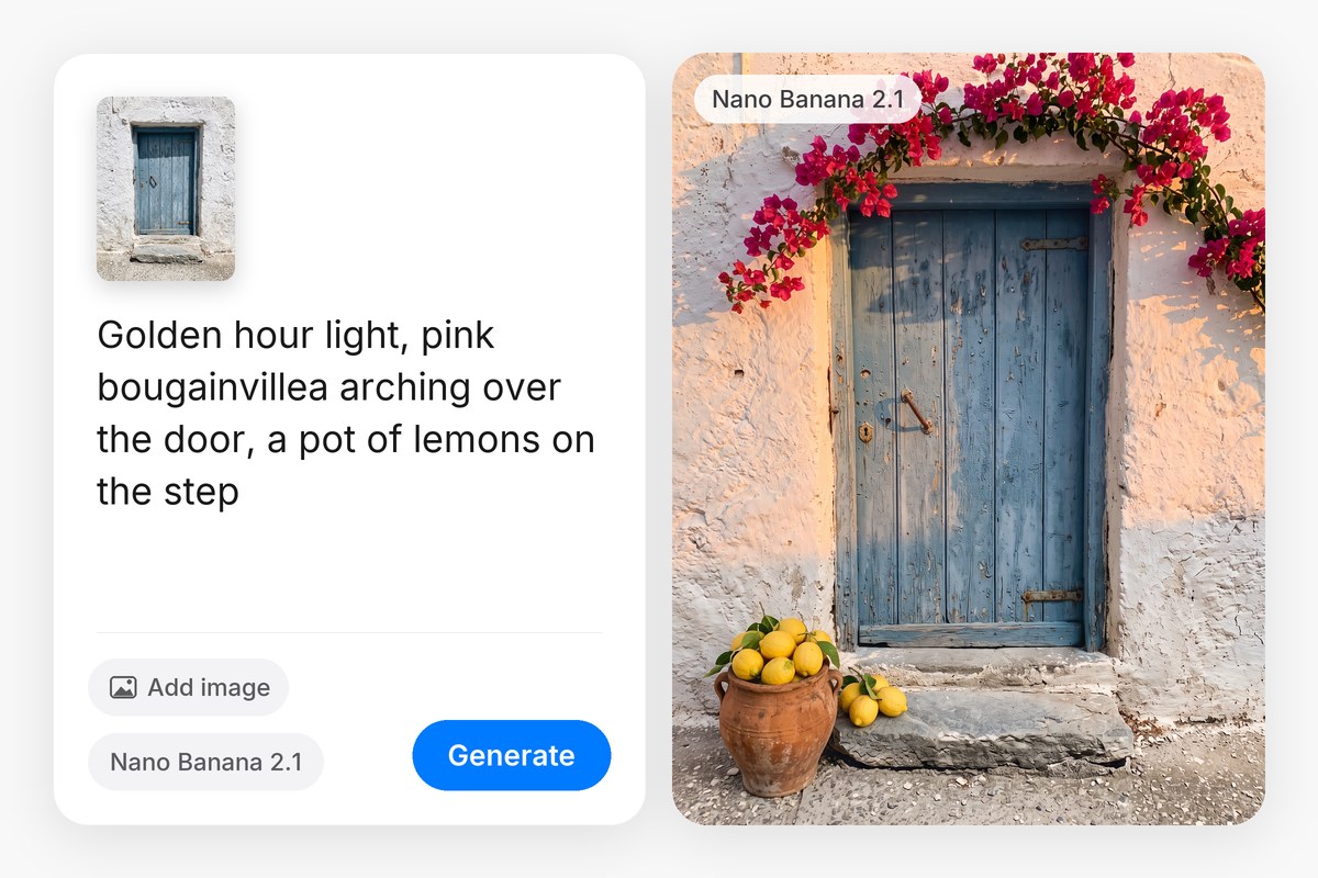 An uploaded photo of a plain blue door is edited into a golden-hour scene with pink bougainvillea and a pot of lemons, made with Nano Banana 2.1.