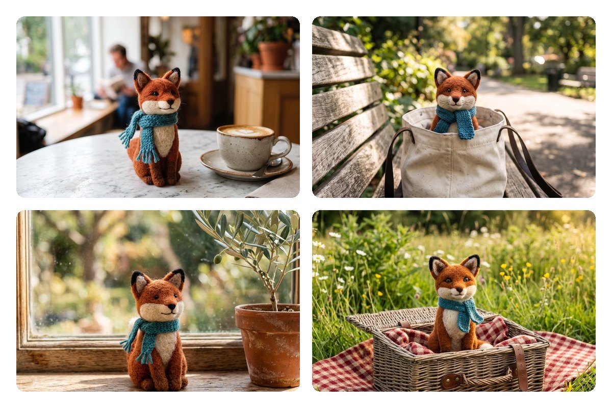The same felted fox mascot in a teal scarf at a cafe, in a tote bag, on books and in a basket, made with Nano Banana 2.1.