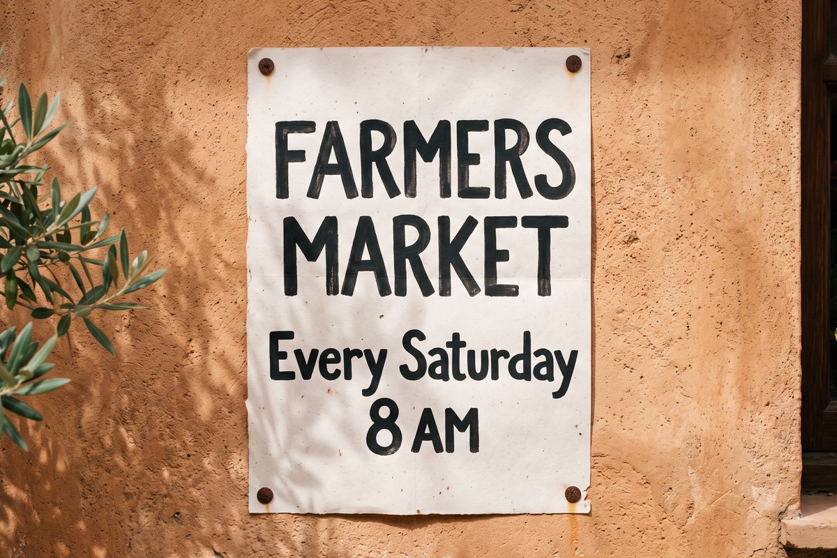 Slideshow of photoreal signs and labels reading FARMERS MARKET, MORNING RITUAL, BLOOM & CO. and a TODAY café menu, made with Nano Banana 2.1.