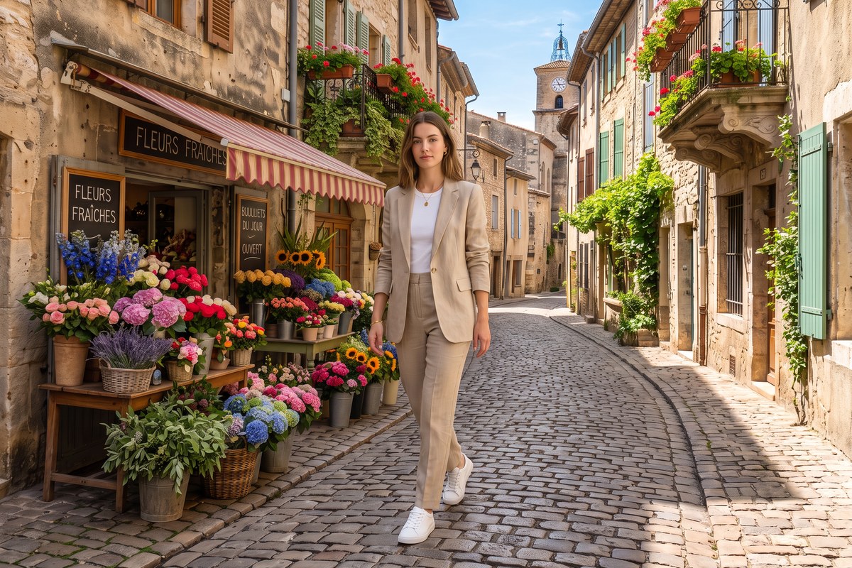 Photos of white sneakers, a woman in a linen suit and a flower-lined street merge into one street-style photo, made with Nano Banana 2.1.