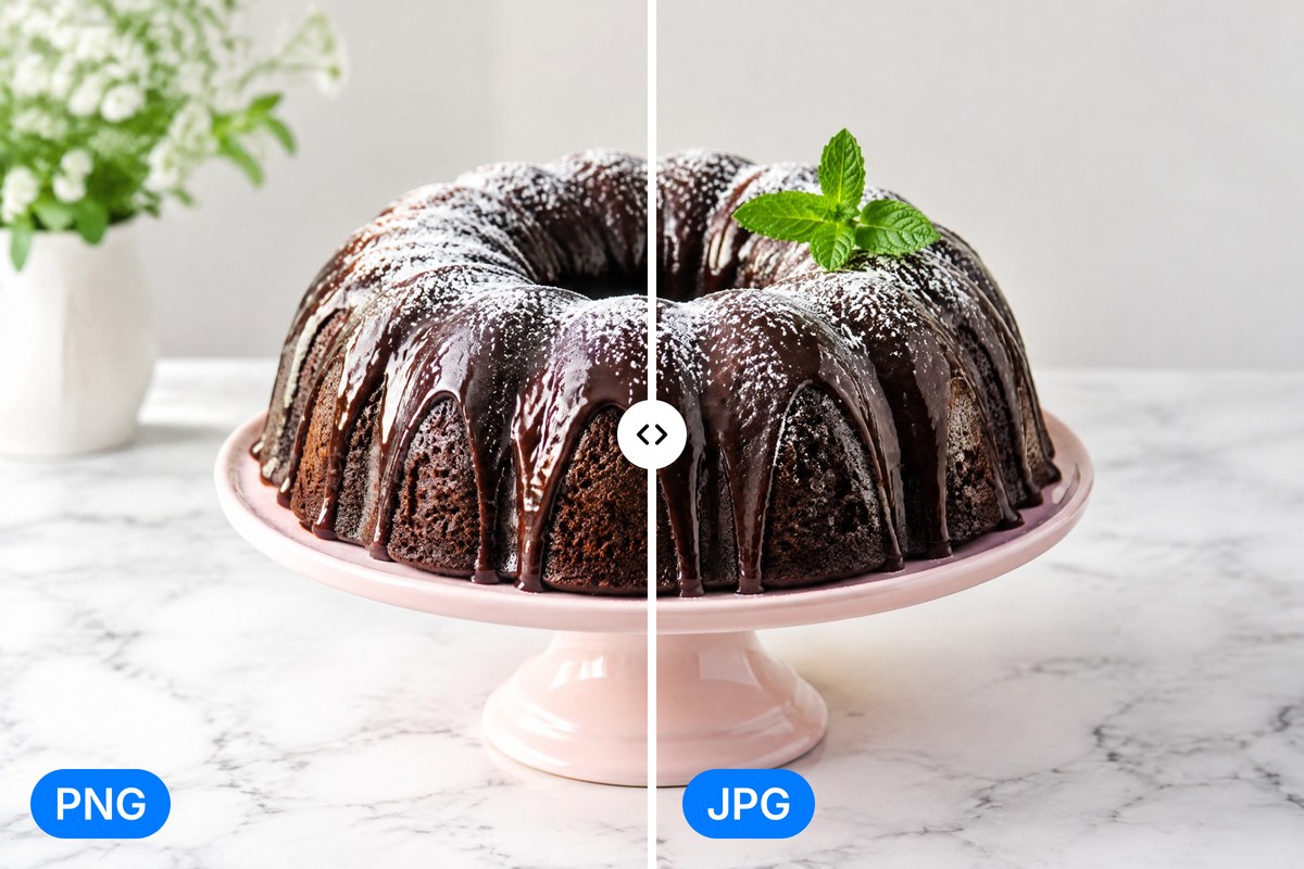 A chocolate bundt cake photo split in two, PNG on the left and JPG on the right, with the same sugar dusting and gloss.