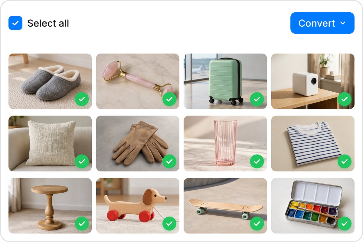 Twelve product photos in a batch converter grid, each converted from PNG to JPG and marked with a green check.