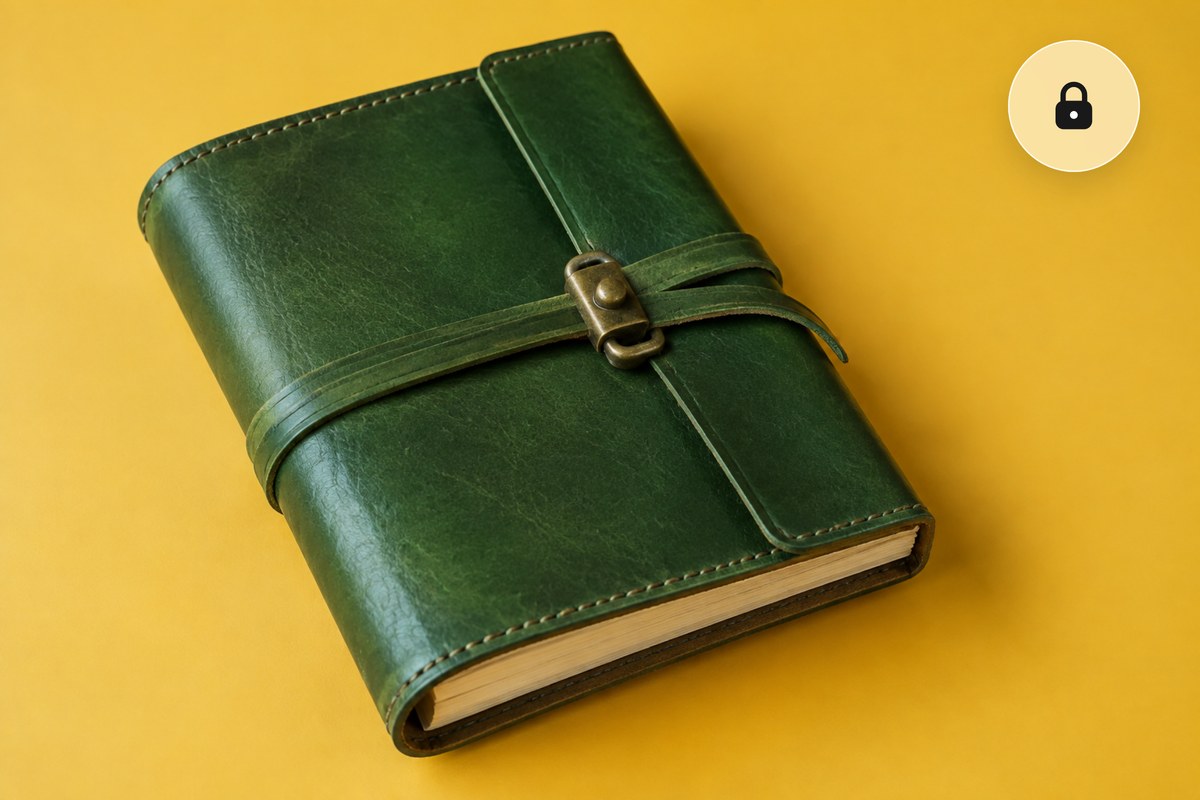 A green leather journal with a brass clasp in a browser with a padlock, converted to JPG on your device, nothing uploaded.