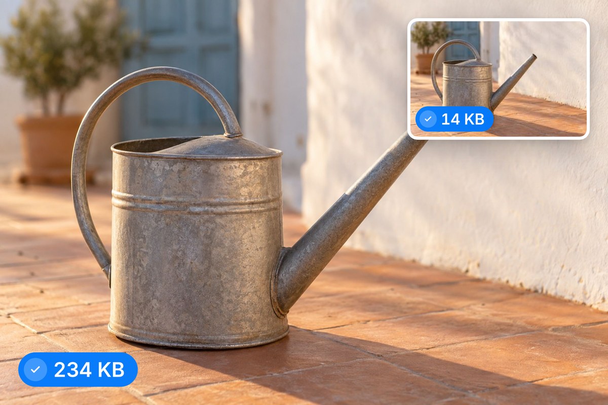 A zinc watering can in a sunlit courtyard, converted to a wide JPG banner and a small JPG thumbnail with file sizes.