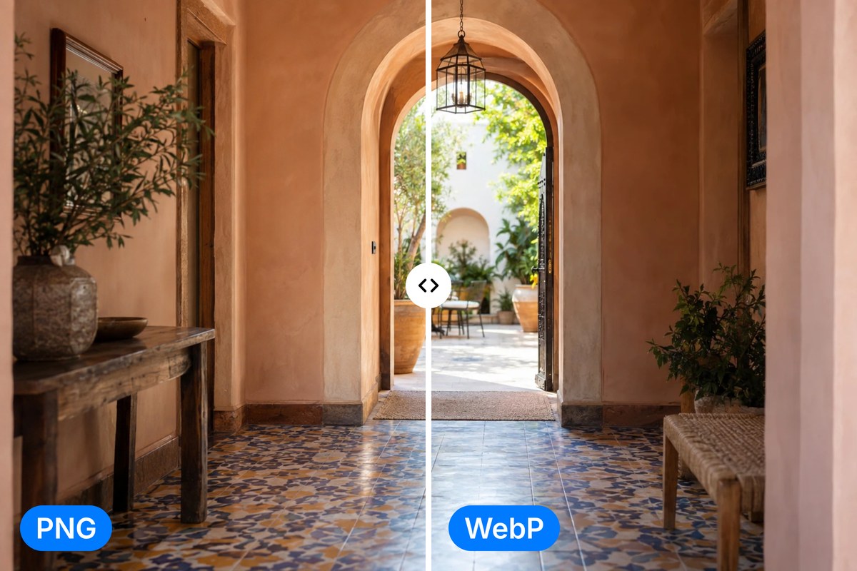 A tiled hallway photo split in two, PNG on the left and WebP on the right, with the same crisp tile edges and colour.
