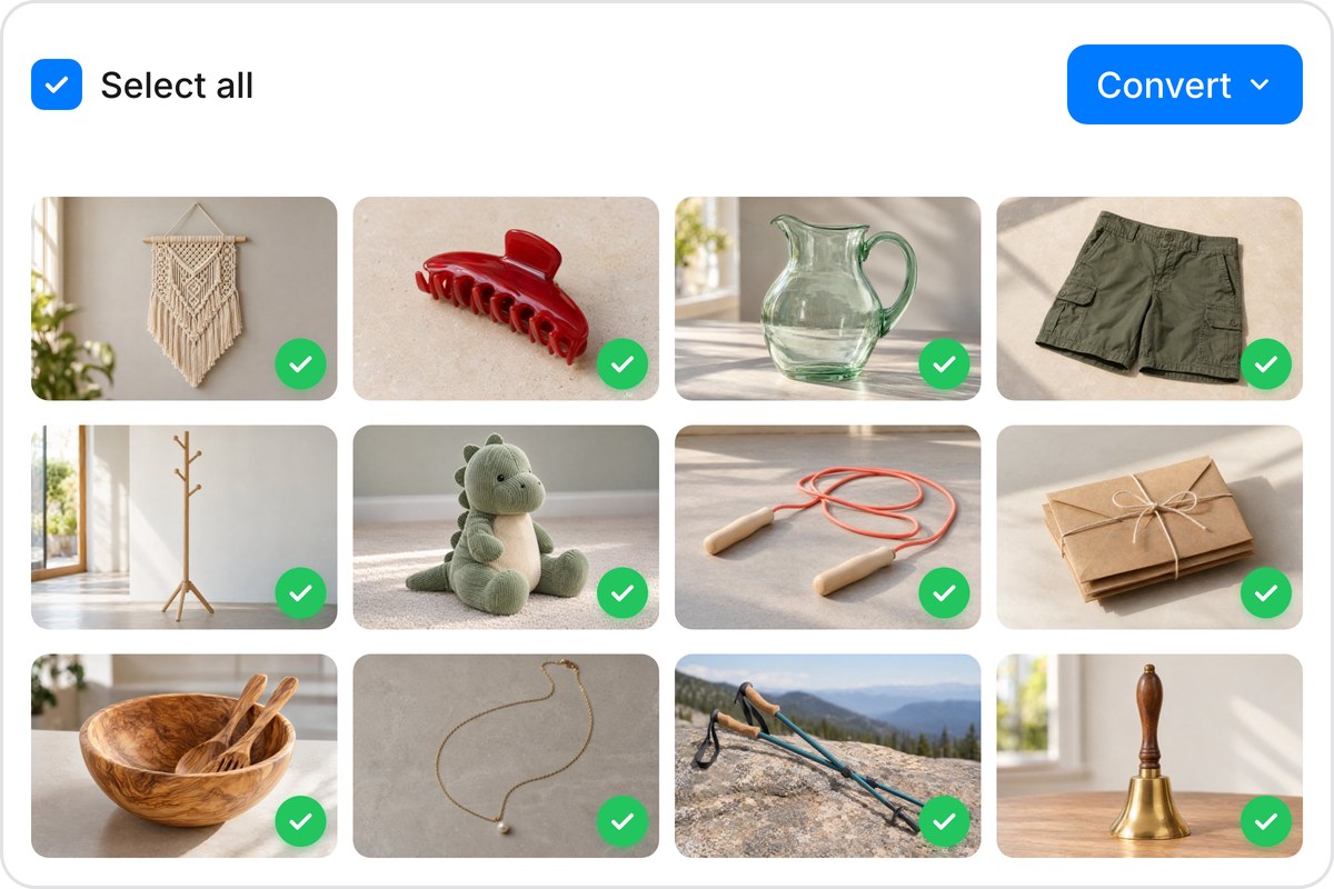 Twelve product photos in a batch converter grid, each converted from PNG to WebP and marked with a green check.