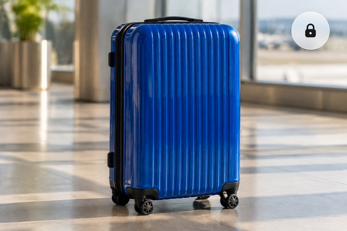 A cobalt hard-shell suitcase in a sunlit airport hall with a padlock badge, converted to WebP on the device.