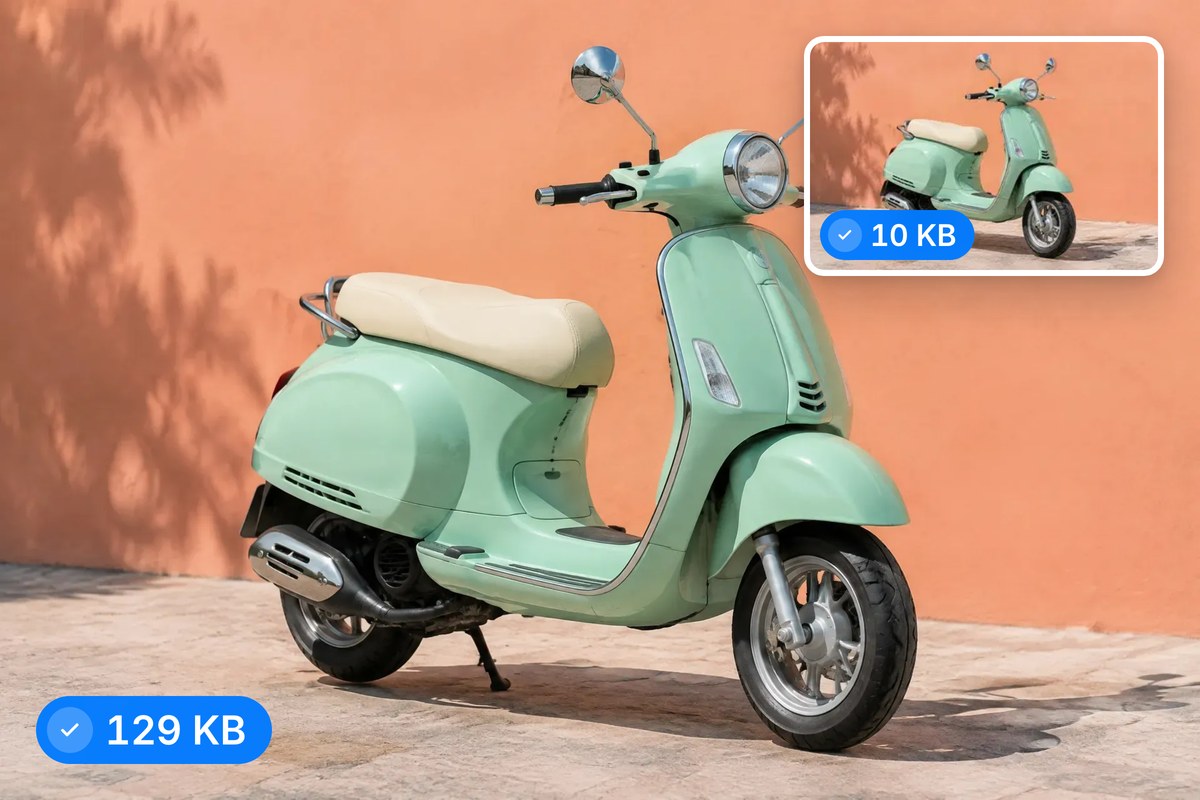 A mint scooter photo saved as a full-width WebP banner and a small WebP thumbnail, each labeled with its own file size.
