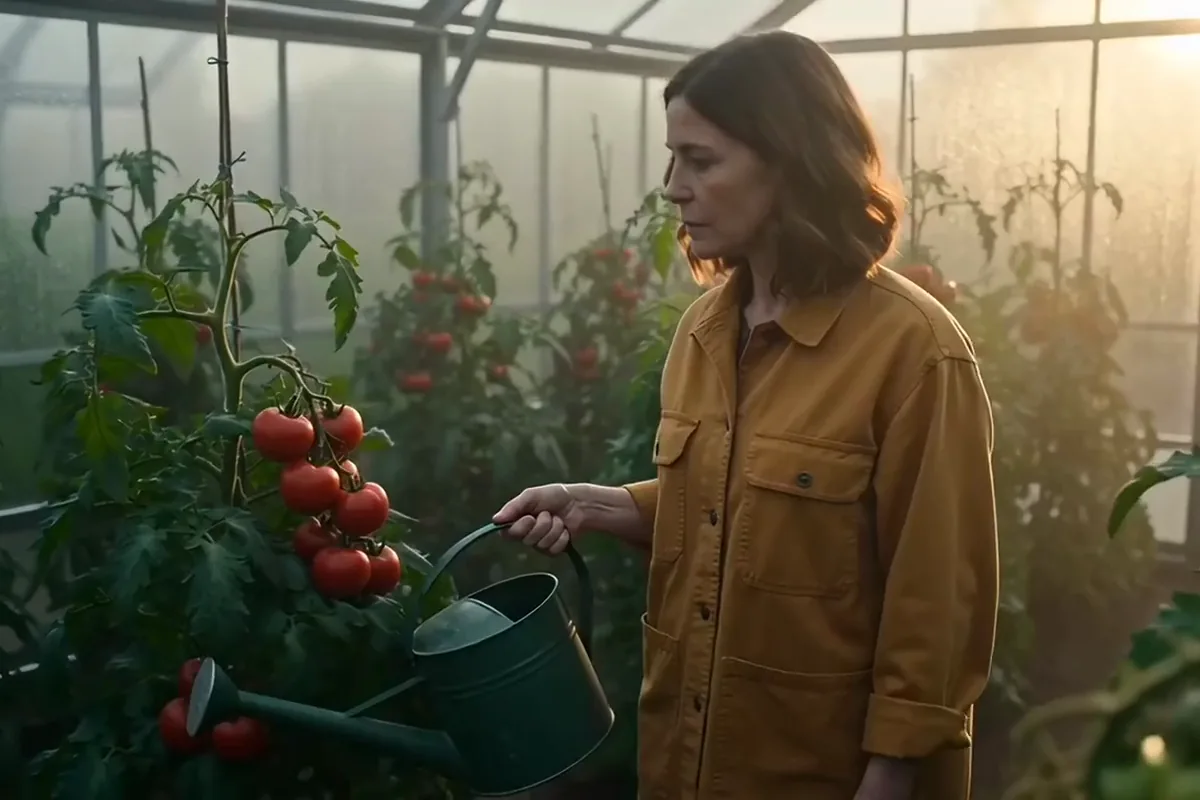Runway Gen-4.5 video of a gardener with a watering can among tomato plants in a misty greenhouse