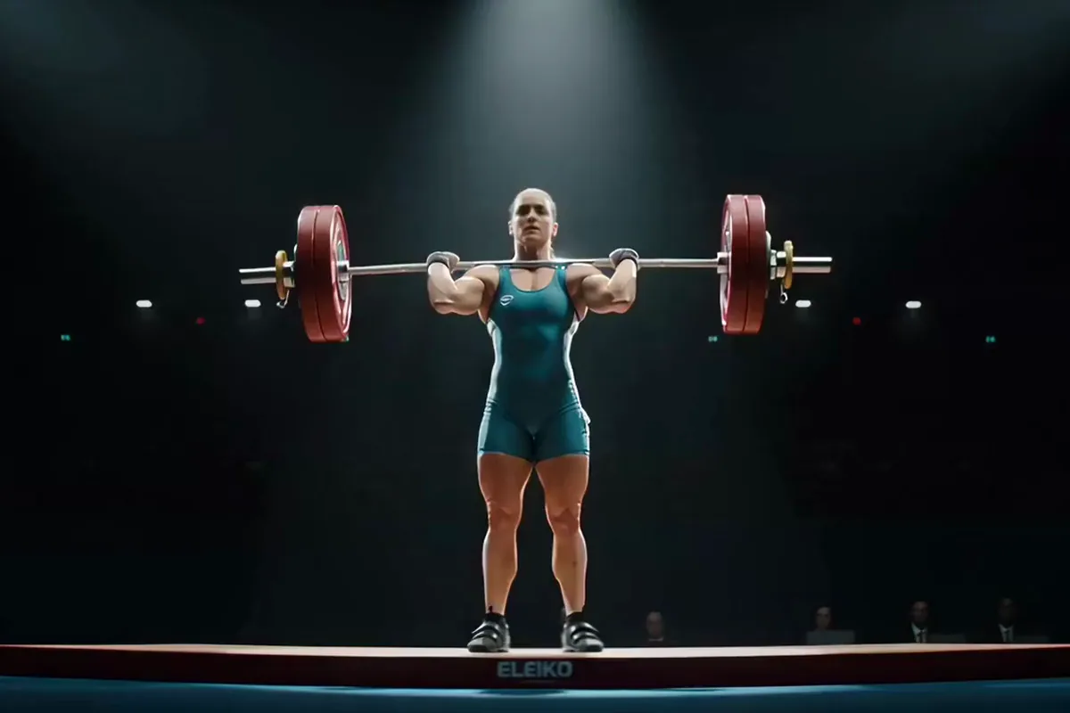 Runway Gen-4.5 video of a weightlifter in a teal singlet pressing a loaded barbell overhead