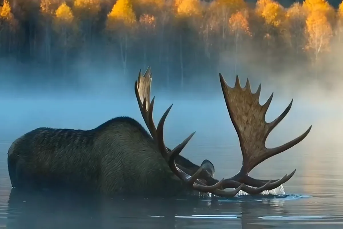 Seedance video of a bull moose lifting its head from a misty lake at dawn