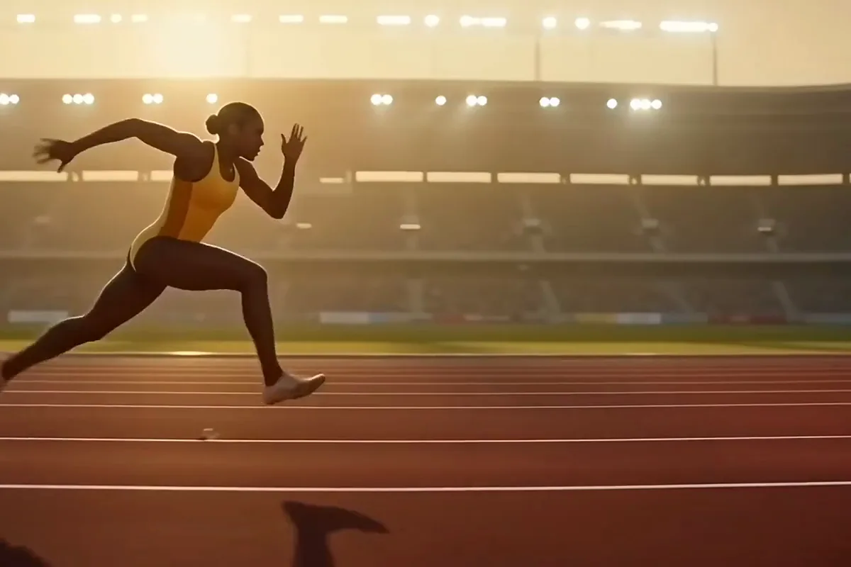 Seedance 2.0 video of a long jumper in a yellow kit sprinting down the runway and landing in a sand pit