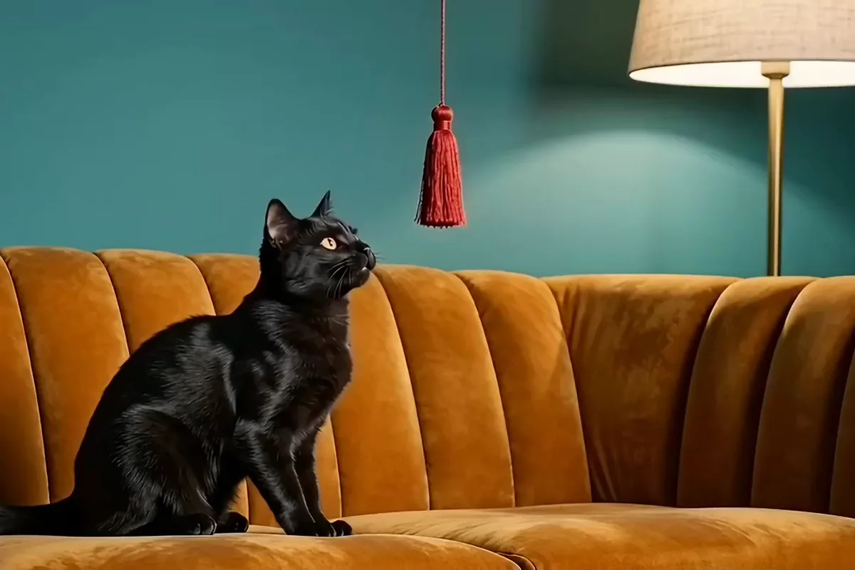 Seedance 2.0 video of a black cat on a mustard velvet sofa batting a swinging red tassel