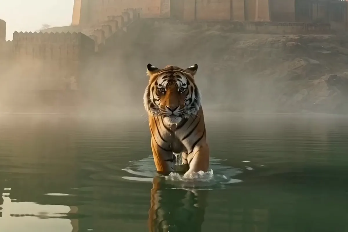 Seedance 2.0 video of a Bengal tiger wading through a misty green lake below an old fort and roaring