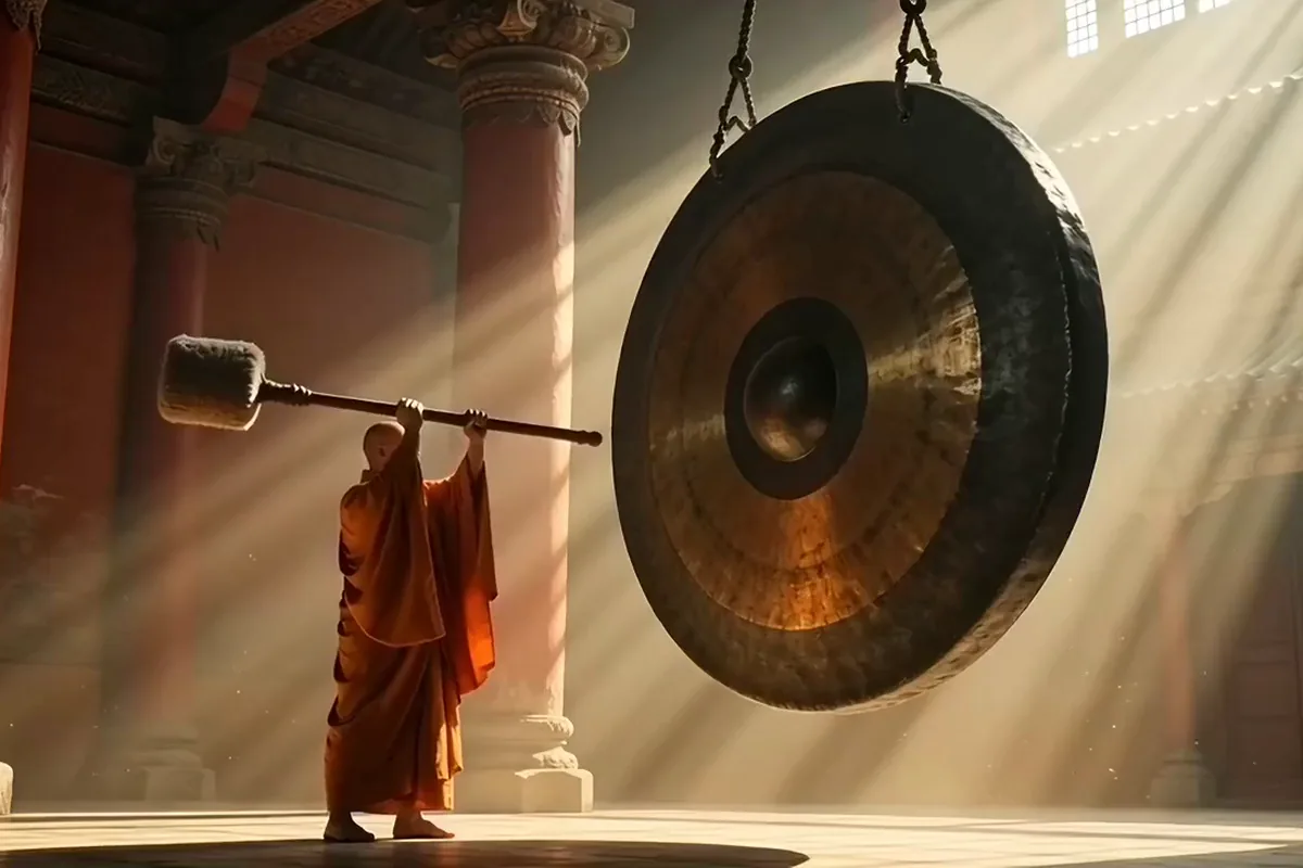 AI video of a monk in orange robes swinging a padded mallet beside a giant bronze gong