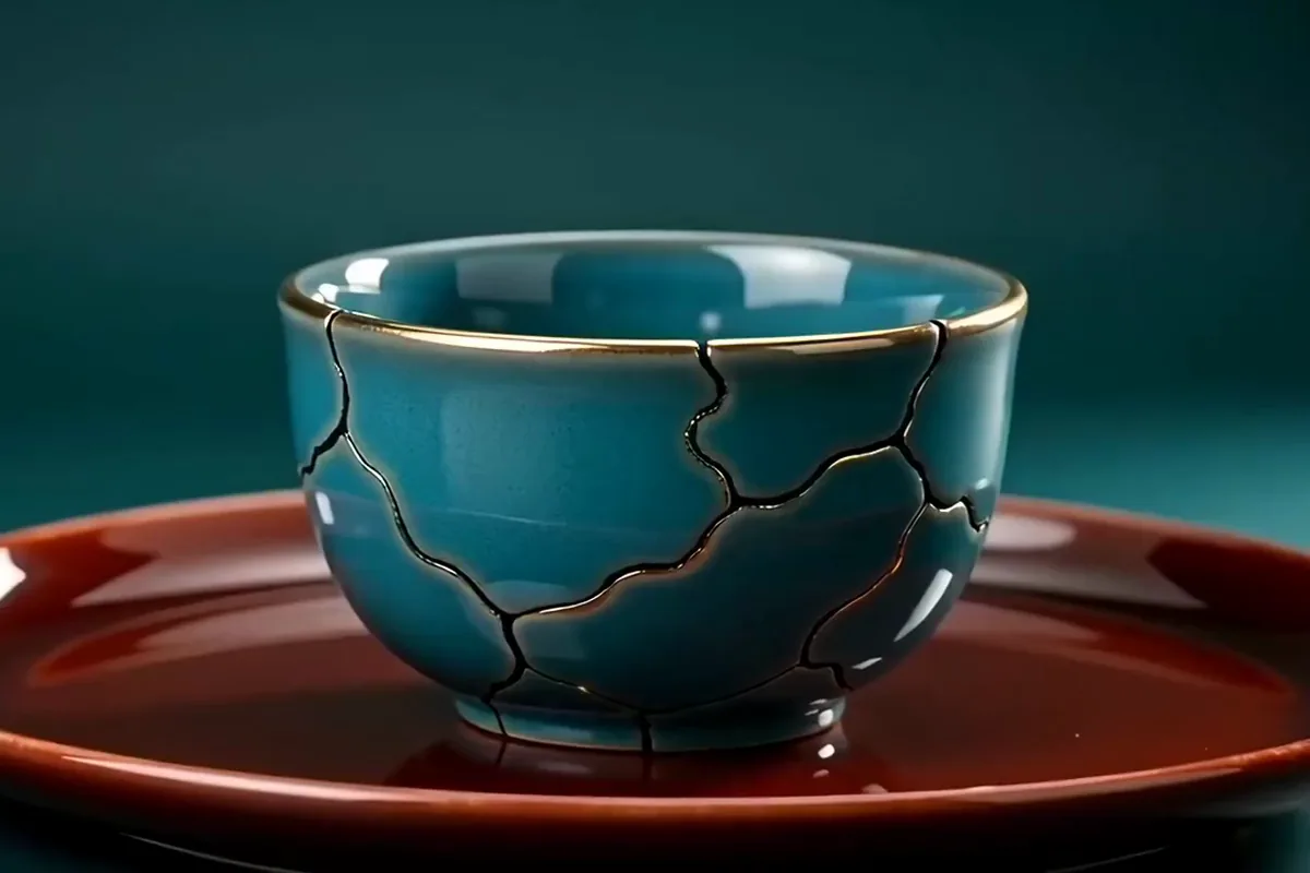 Video from text of a cracked teal bowl whose seams fill with glowing gold on a red tray