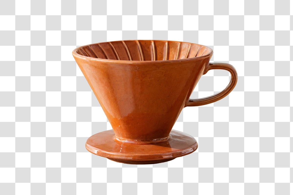 Ceramic pour-over coffee dripper cut out with a see-through handle opening on a transparent checkered background