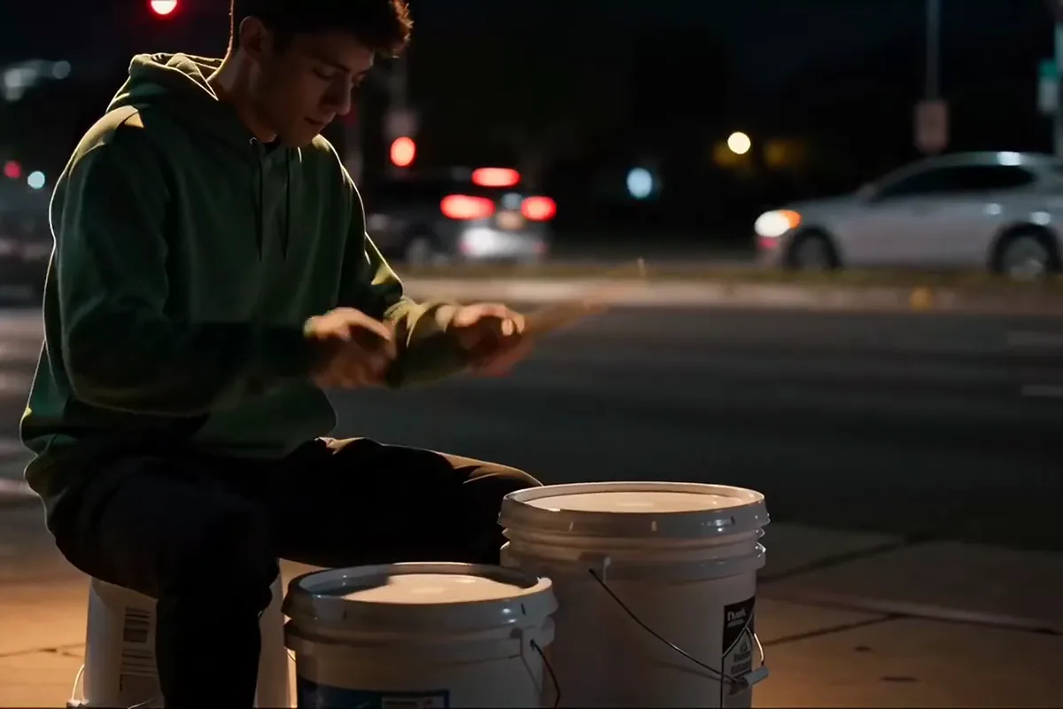 Veo 3 video of a street drummer pounding plastic buckets beside a busy road at night