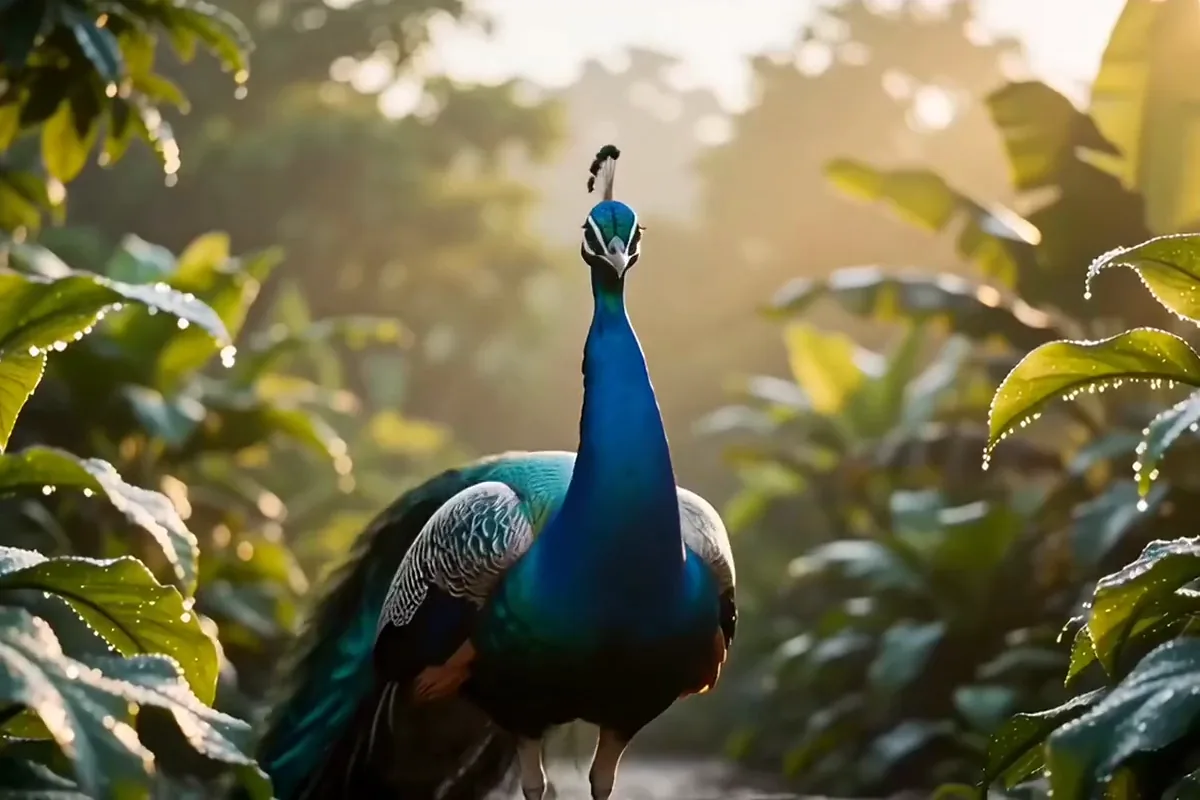 Veo 3.1 video of a peacock fanning its shimmering tail feathers in morning sun