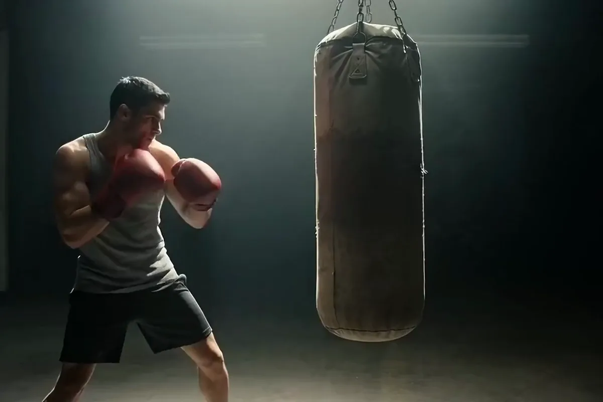 Veo 3 AI video of a boxer punching a heavy bag that swings back on its chain in a dim gym