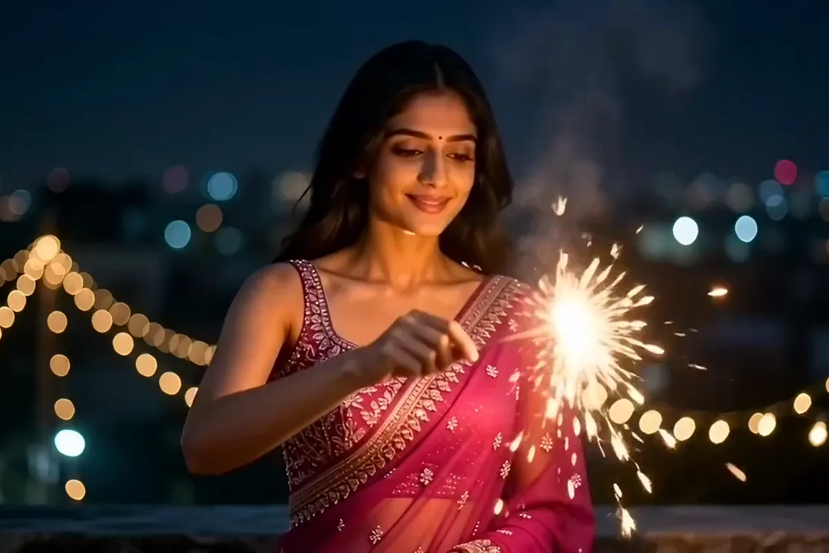 Wan 2.2 video of a woman in a magenta lehenga drawing a circle with a sparkler on a Diwali rooftop