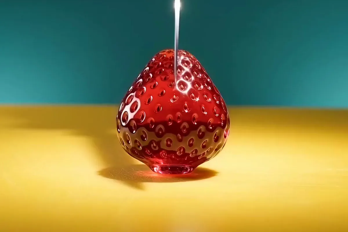 Wan AI video of a knife slicing a ruby red strawberry that shines like glass, both halves falling away on a yellow board