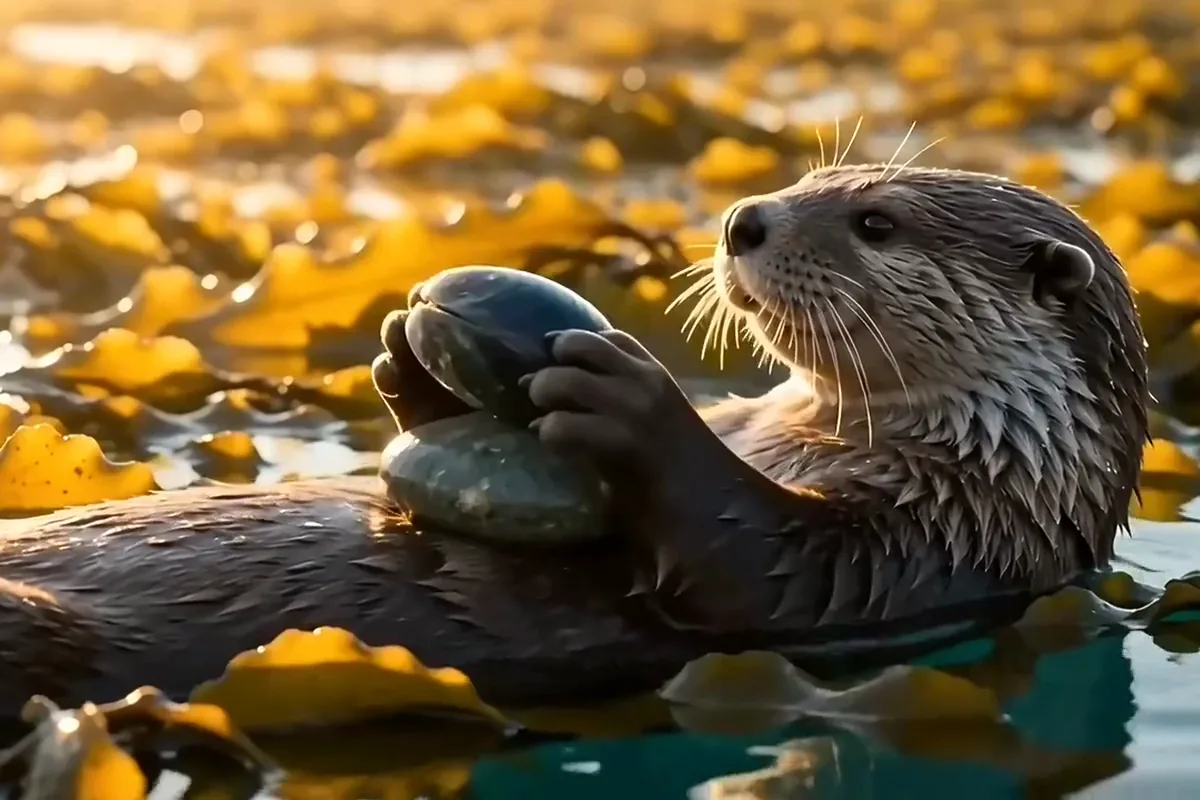 Sea otter floating on its back in golden kelp opening a mussel on the stone on its chest