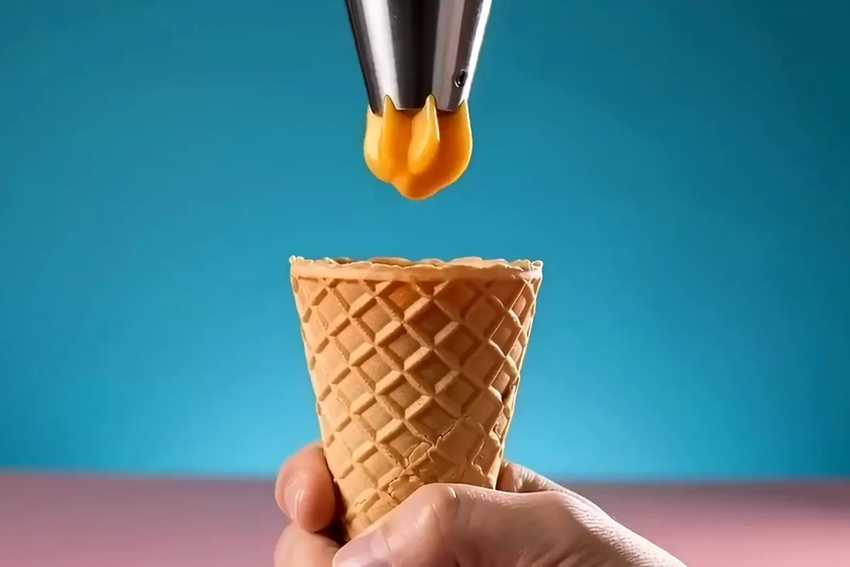 Mango soft serve swirling into a tall spiral on a wafer cone against a cobalt blue wall