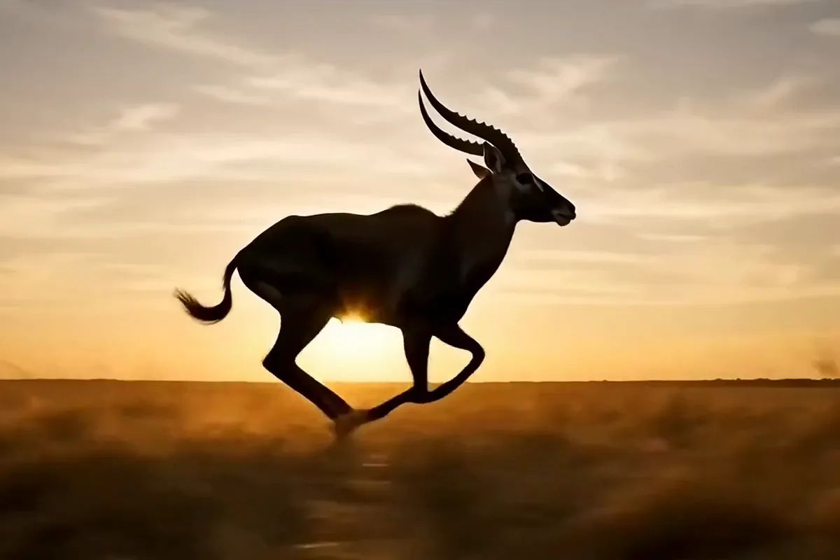 Wan AI video of a blackbuck leaping across golden grass at sunset in a low tracking shot