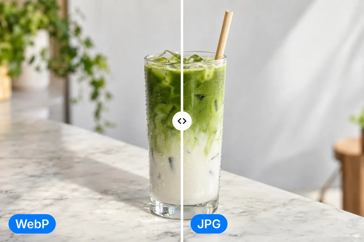 An iced matcha latte photo split in two, WebP on the left and JPG on the right, with the same sharp layers and colour.