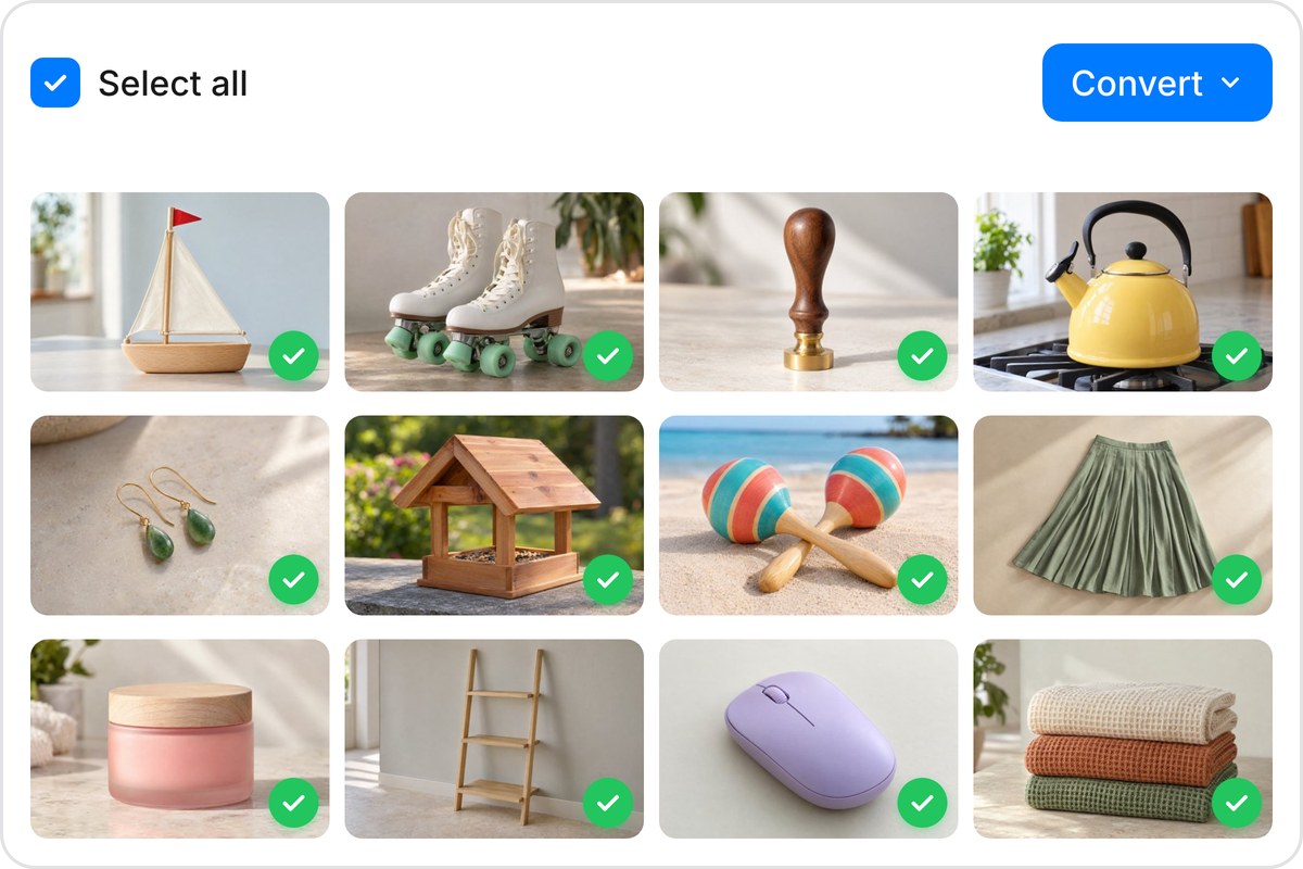 Twelve product photos in a batch converter grid, each converted from WebP to JPG and marked with a green check.