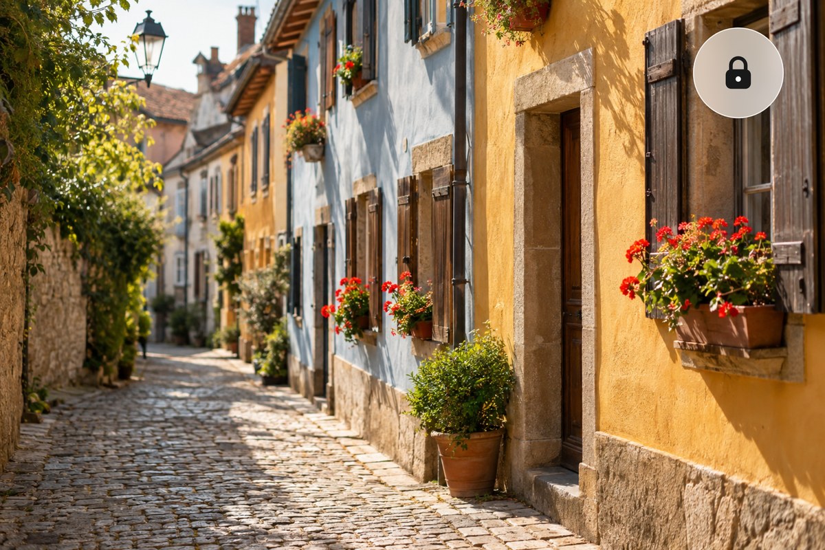 A sunny cobblestone lane with pastel houses in a browser window with a padlock, converted to JPG on your own device.