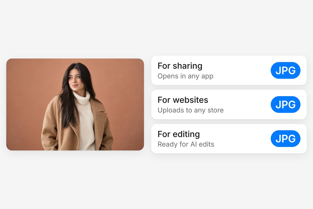 A woman in a camel coat beside three JPG uses, sharing, websites and editing, all from one converted WebP file.