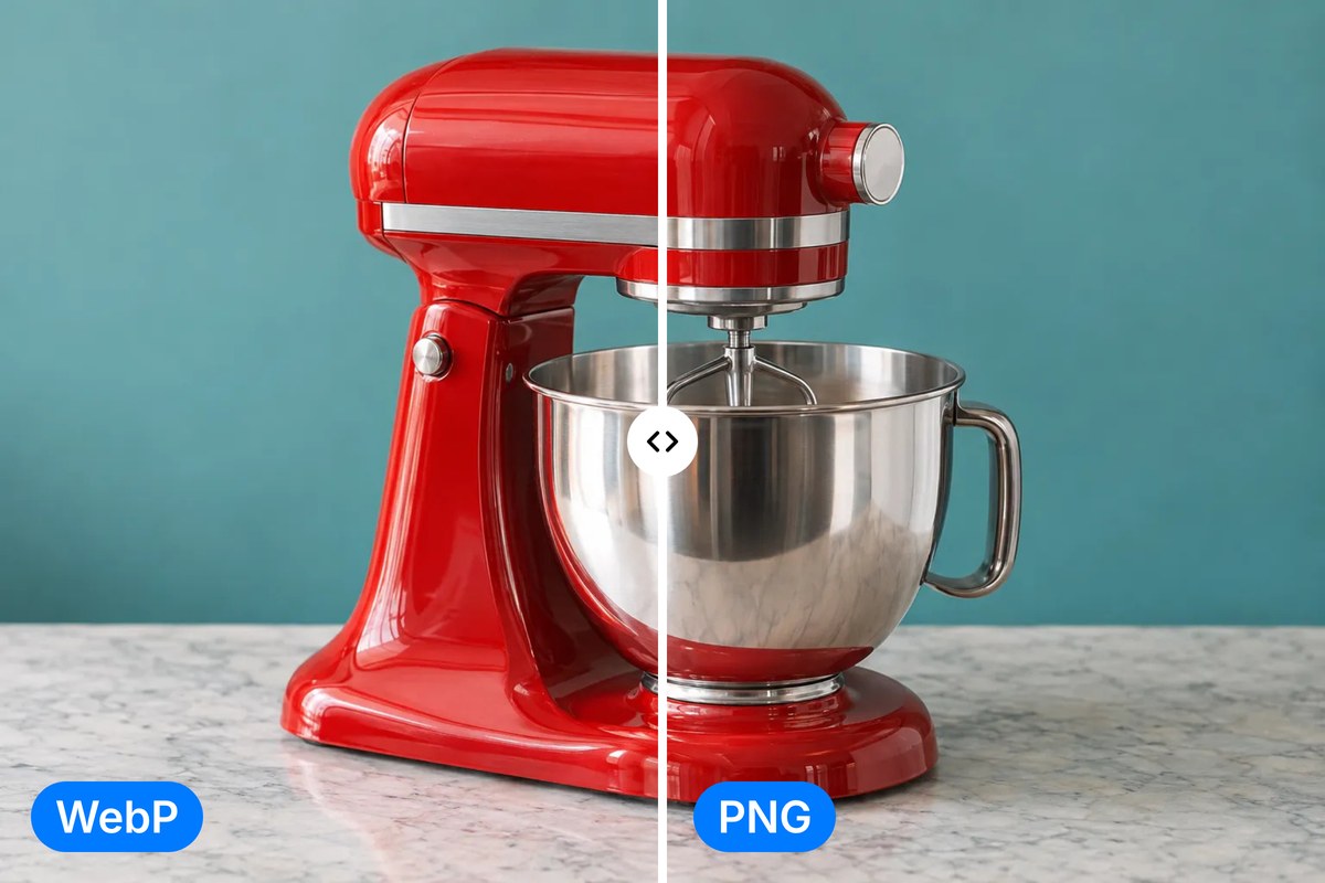 A red stand mixer on a marble counter, WebP on the left and PNG on the right, with every pixel and edge kept.