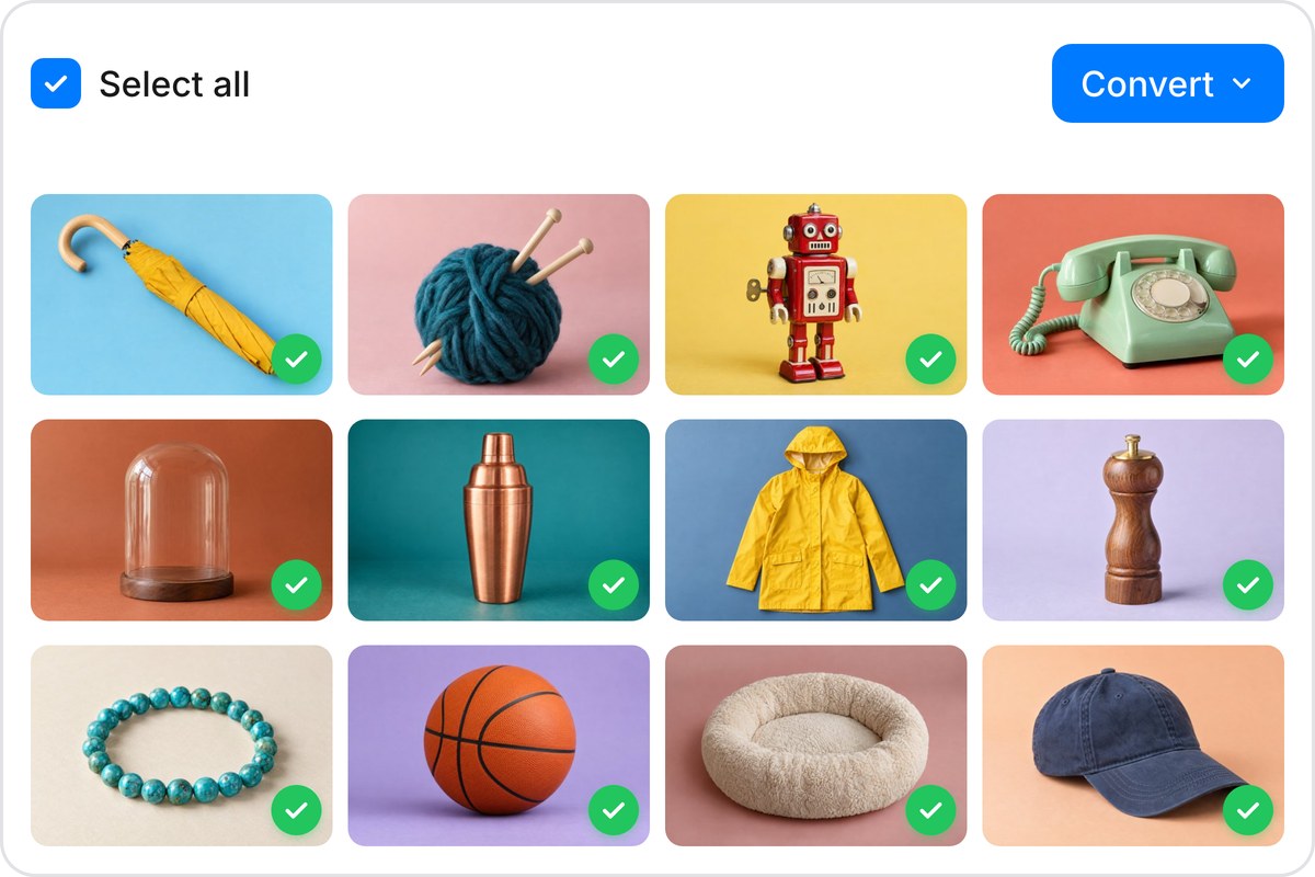 Twelve product photos on bright backdrops in a batch grid, each converted from WebP to PNG and marked with a green check.