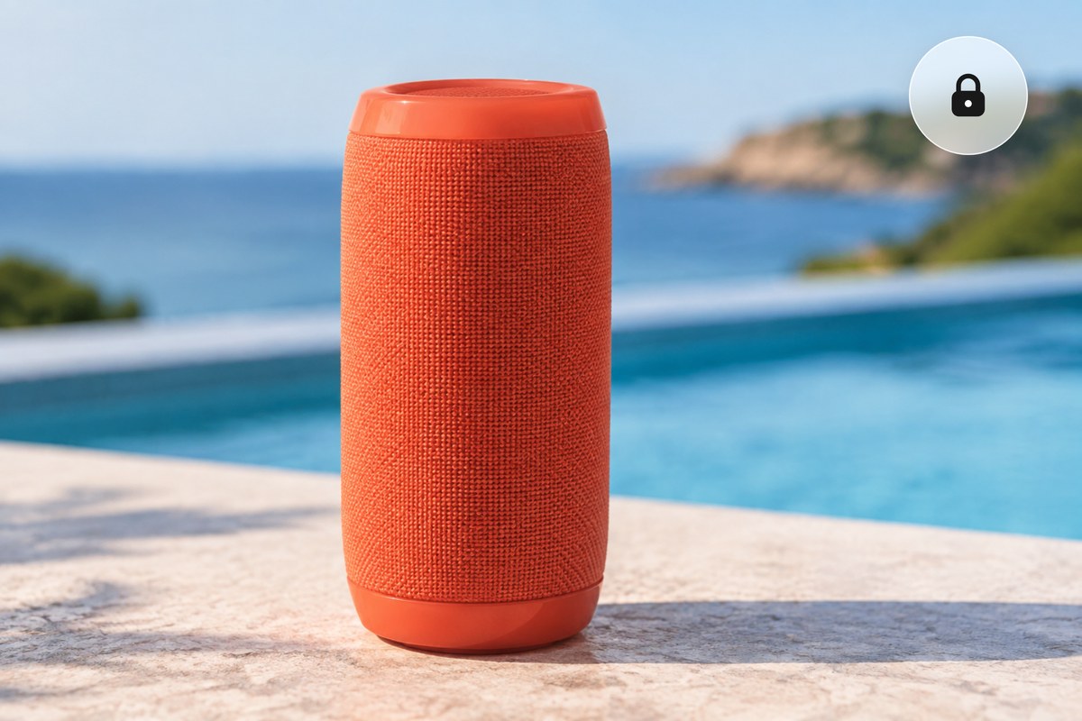 A coral orange speaker prototype in a browser with a padlock, converted to PNG on your own device, nothing uploaded.