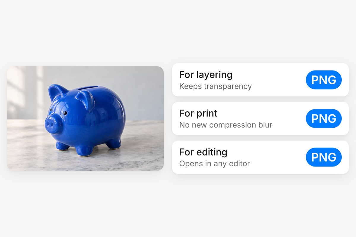A glossy cobalt blue ceramic piggy bank photographed on a marble counter beside three PNG uses: layering, print and editing.