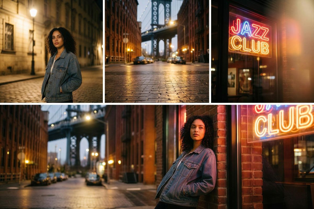 Collage of nighttime Brooklyn photos showing a model, street scenes, and neon signage used as source images for a combined multi-image edit.