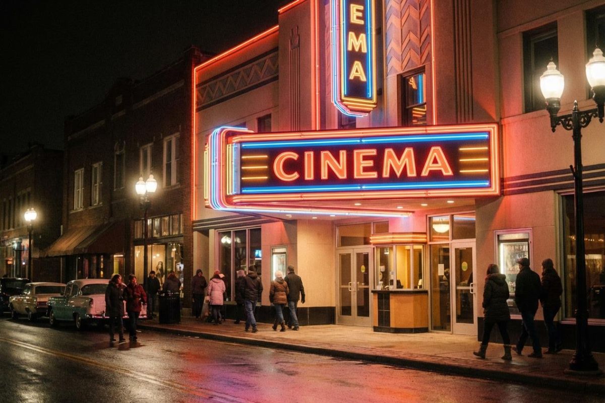Neon-lit cinema storefront with people walking by at night.