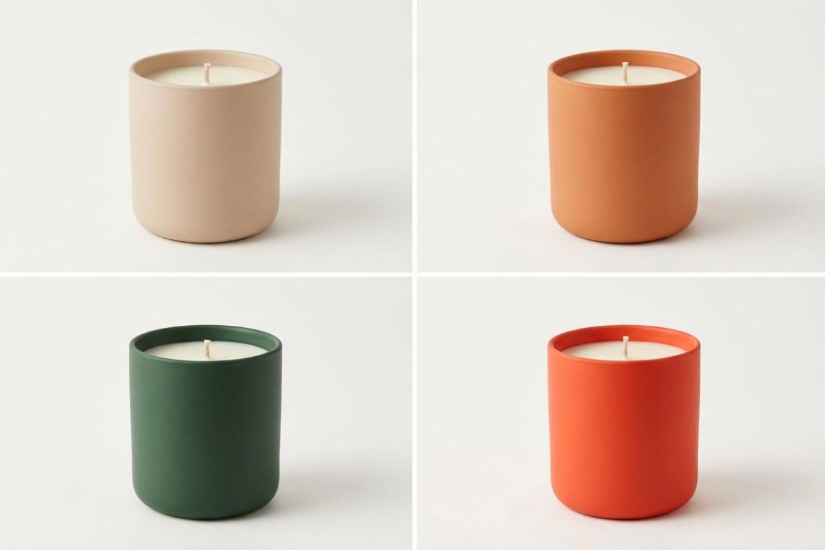 Ceramic candles displayed in four different color variations.