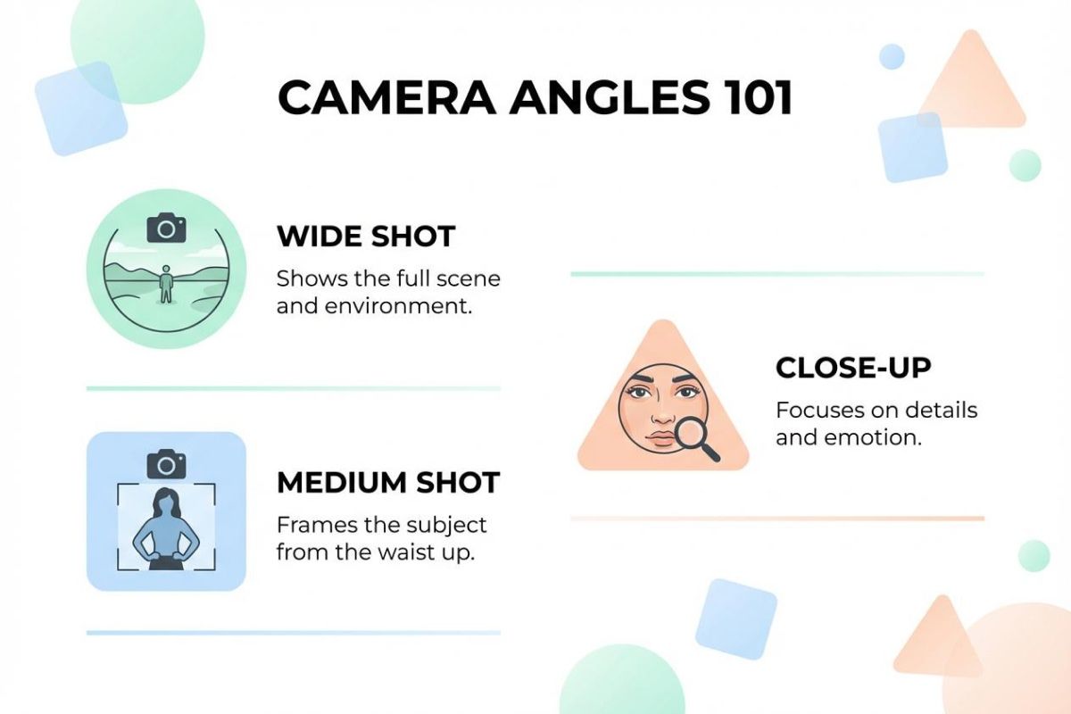 Infographic titled ‘Camera Angles 101’ showing icons and descriptions of wide shot, medium shot, and close-up camera angles.
