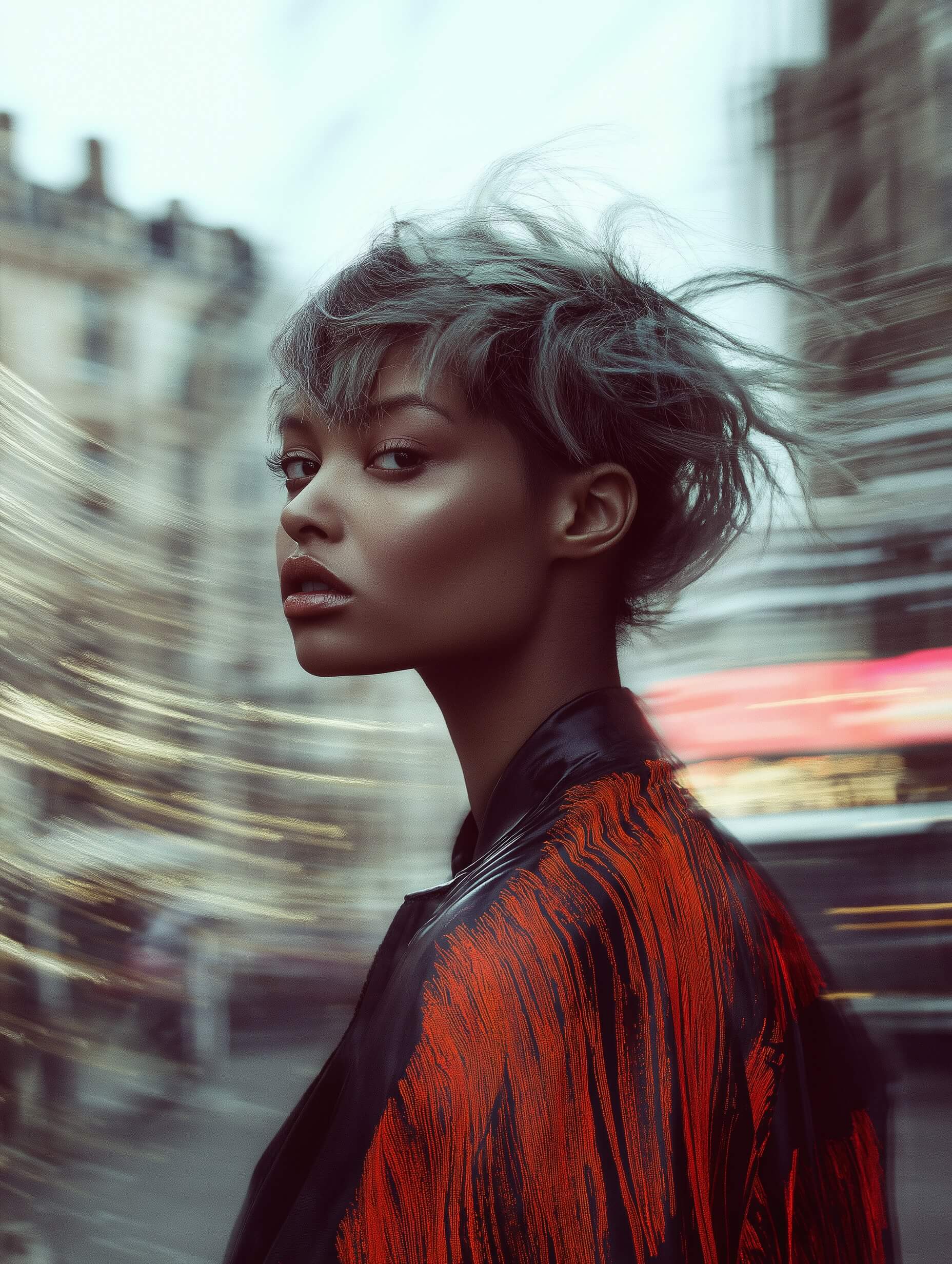 Una vibrante fotografía de alta costura captura a una mujer negra con cabello corto, rubio platino y alborotado por el viento contra un paisaje urbano borroso lleno de peatones y letreros de neón, agregando movimiento y energía urbana a la escena. Su piel pálida y sus rasgos fuertes se destacan contra una chaqueta de cuero oscura, creando un efecto cinematográfico audaz realzado por una paleta de colores azul hielo y negro. La suave y difusa iluminación natural de la foto resalta su tez, mientras que una composición deliberadamente descentrada, que utiliza una apertura de f/2.8 - f/4, una velocidad de obturación de 1/30 a 1/60 e ISO entre 200-400, logra una profundidad de campo cinematográfica. El lente de 50 mm u 85 mm ofrece un enfoque sorprendente del sujeto en medio del caos urbano, mientras que la posedición con un tono más frío enfatiza el contraste y el movimiento, mezclando misterio y estilo en la moda editorial.