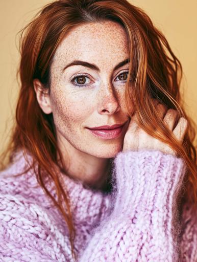 A close-up portrait of a woman with a light, warm complexion dotted with freckles, framed by soft, ginger-red hair cascading around her face, which rests gently against her hand. She wears a cozy pastel lavender sweater, exuding a friendly, inviting expression. The backdrop is a muted beige, harmonizing with her hair and skin for a tranquil color palette. The image features soft, even lighting, likely from a diffused source like a softbox, ensuring her facial features are highlighted with a warm glow. Camera settings include a shallow focus (f/2.0 to f/4.0), moderate shutter speed (1/125 to 1/200), low ISO (100-200) for clarity. A 50mm or 85mm lens is used for intimate framing, focusing sharply on her expressive eyes, enhancing the warmth and personal connection. Warm earthy tones dominate, while subtle post-processing smooths the skin, preserving freckles, and balances colors without oversaturation, emphasizing natural beauty. The untouched freckles, ginger hair, and cozy sweater create an approachable, warm portrait complemented by a neutral background keeping focus on her friendly demeanor, ensuring a visually charming, inviting portrait.