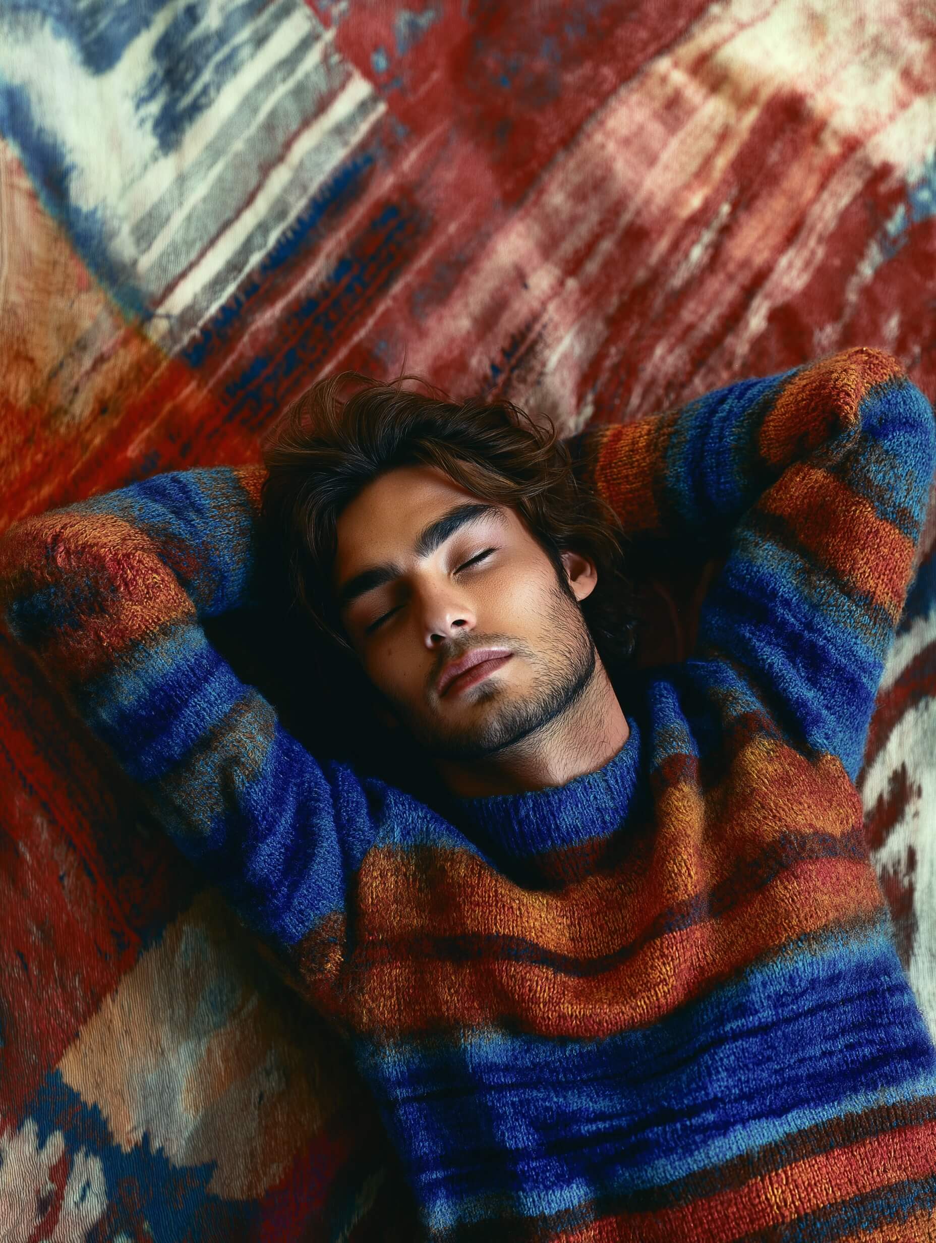 This photograph features a relaxed young Middle Eastern man on a colorful, patterned rug, arms casually behind his head, wearing a vibrant knitted sweater. His thoughtful expression meets the camera, set against an intricate backdrop in warm earth tones and vivid geometric designs. Soft natural light highlights his features, captured from above with a shallow depth of field, creating a serene, introspective mood. The image is rich with textures, from the ribbed sweater to the bold rug, set with a 50-85mm lens and wide aperture to focus on his subtle expressions against the blurred yet dynamic background.